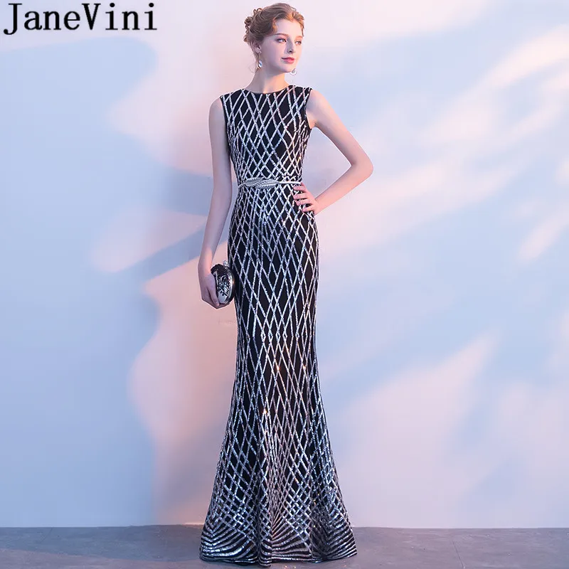 Janeini vestido de noite com lantejoulas, prata, com mangas, vestidos arábicos, 2018, comprimento até o chão, faixa, sereia, longo, godmãe, vestidos de festa