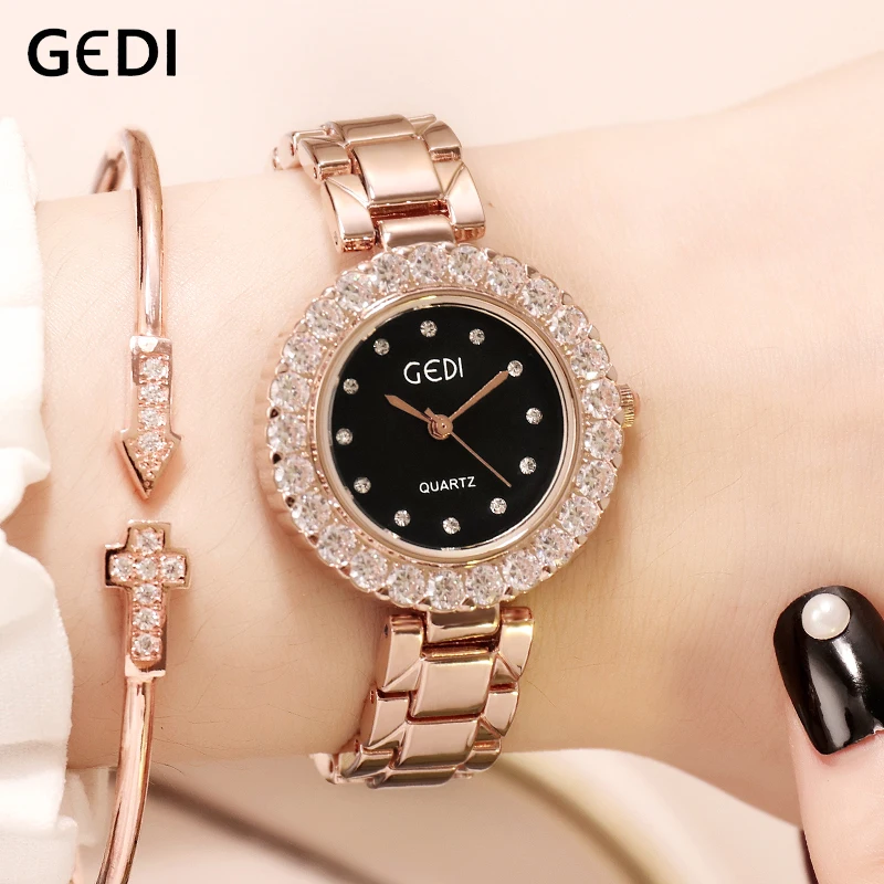 

GEDI Luxury Quartz Rhinestone Round Dial Ladies Wrist Watches 2019 New Women's Watch Rosegold Women Clock Top Brand reloj mujer