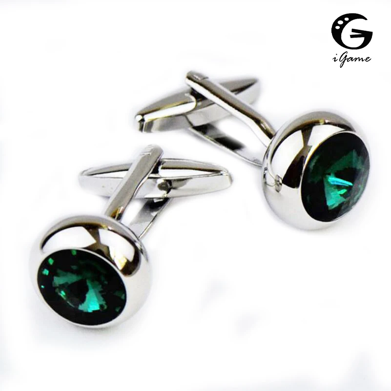 iGame Men's Designer Cuff Links Silver Color Brass Material Green Stone Design Shirt Cufflinks Free Shipping