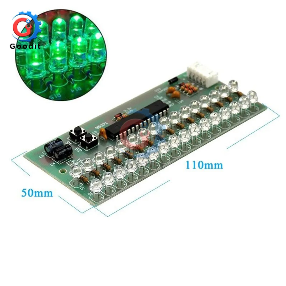 VU Meter Level Indicator Amplifier Board Dual Channel 16 LED MCU Adjustable Display Pattern LED Green Color