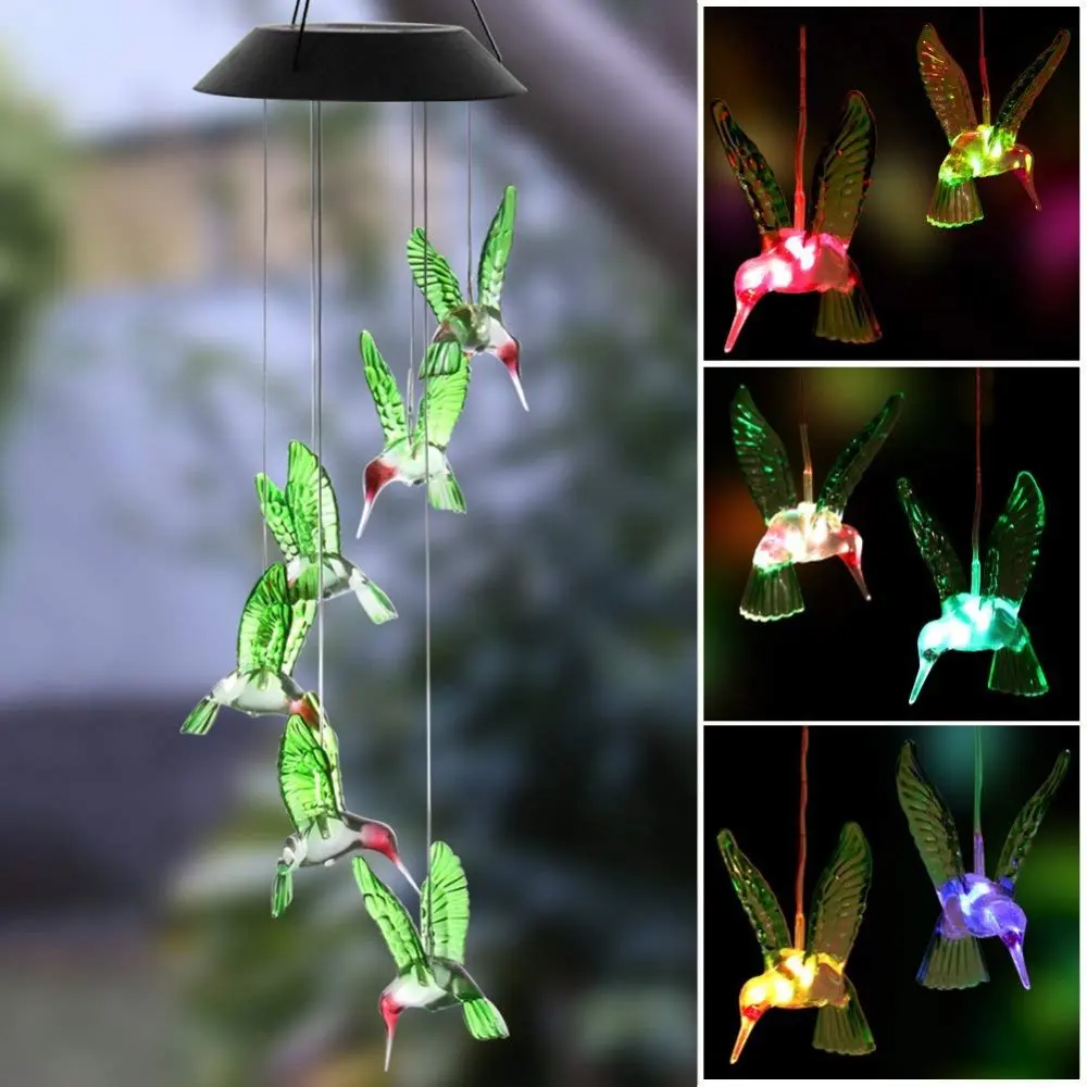 LED Solar Light Humming Bird Romantic Windbell Lights Wind Chime Light String Lamp Color Changing for Patio Yard Decor