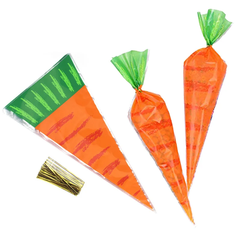 20Pcs Easter Theme Party Carrot Shape Candy Gift Packaging Bags Plastic Cookies Bags Kids Birthday Party Decorations supplies