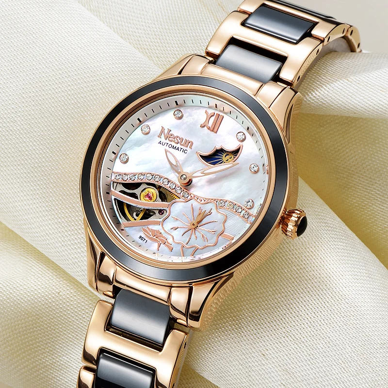 Switzerland NESUN Luxury Brand Automatic Mechanical Women's Watches Waterproof Dual Skeleton Diamond Moon Phase Clock N9071-2