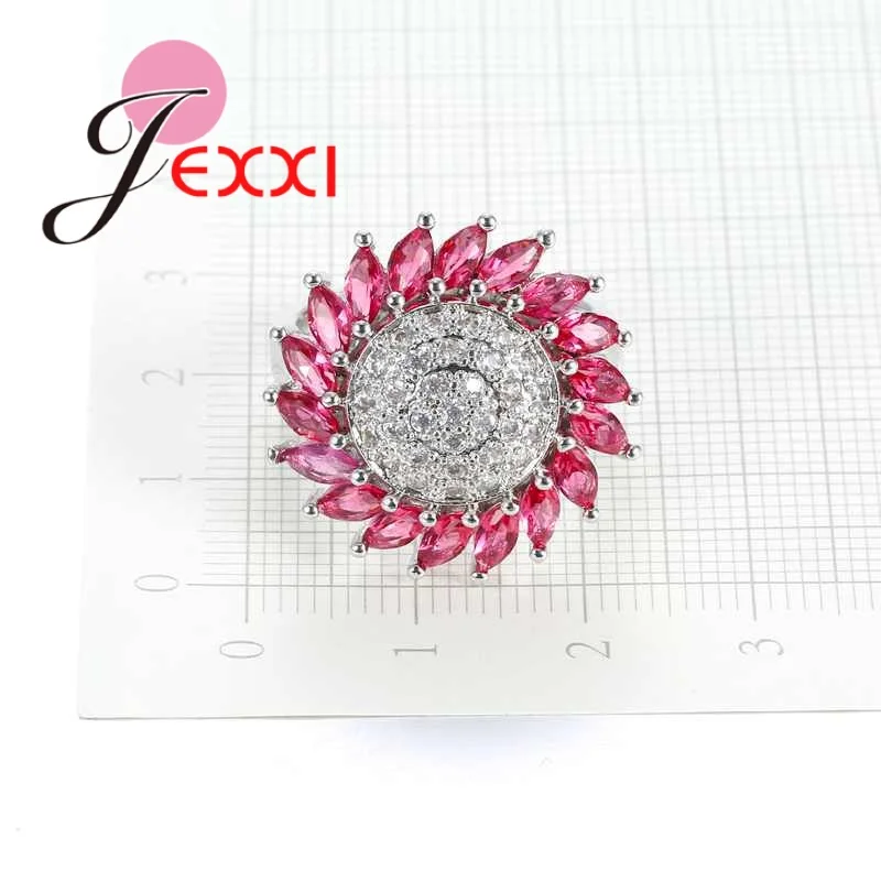 Fascinating Clear AAA+ Zircon Sunflower Ring Women Red/White Color Crystal Finger Ring 925 Sterling Silver Needle Jewelry