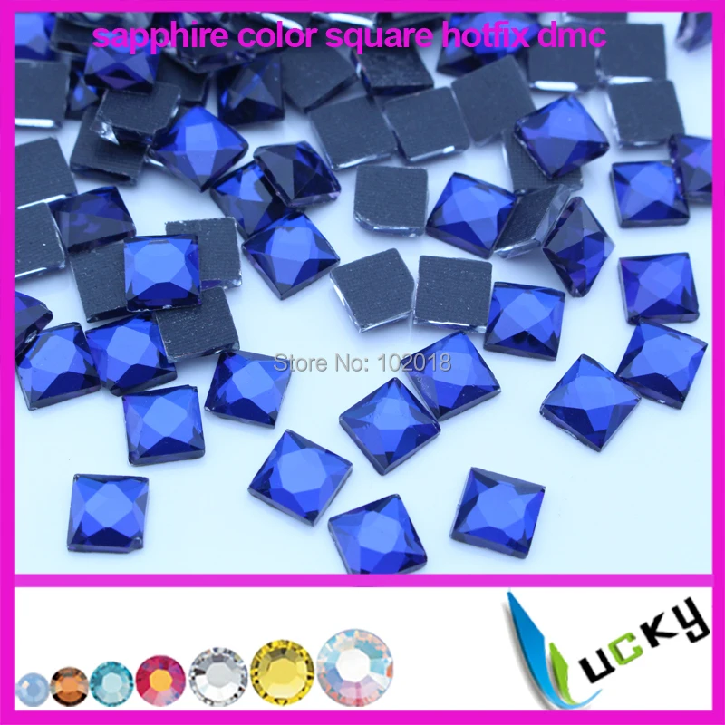 2014 new design crystal hotfix rhinestone iron on!288pcs 8x8mm square shape sapphire color hot fix strass for transfers