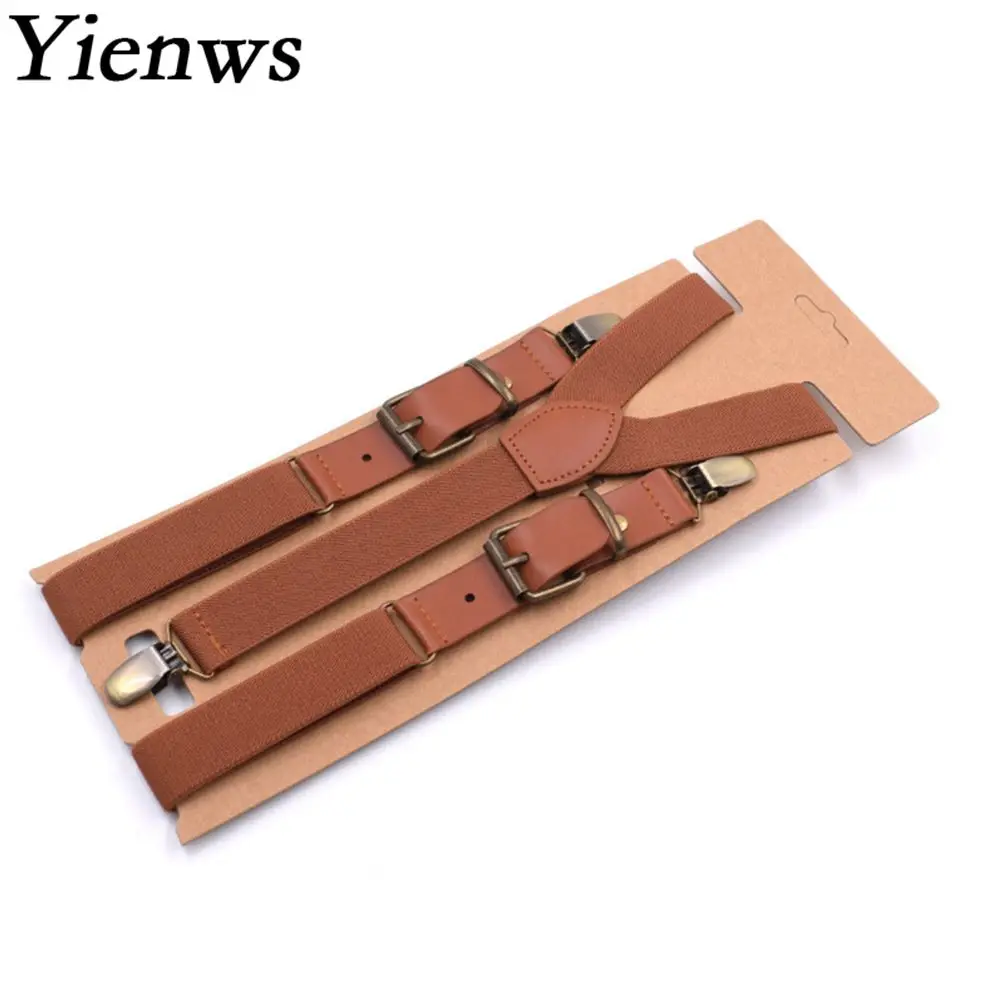 Yienws-Bretelles en cuir vintage pour hommes, bretelles à 3 clips pour fjPu, bretelles pour pantalons marron, 115cm, YiA040