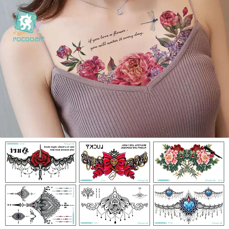 Rocooart Waist Jewel Tattoo Wreath Flowers Fake Tattoo Chest Taty Diamond Waterproof Temporary Tattoo Sticker For Women Back Arm