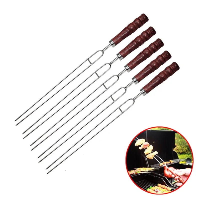 5pcs 16.5''(42cm) U shape BBQ Skewers Stainless steel Barbecue Kebab Skewer Wood Handle BBQ Forks Portable Travel Storage Bag