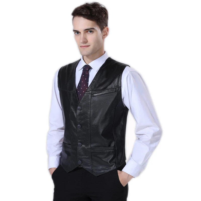 

Black Genuine Leather Vest 2017 New Middle-aged Male Sheepskin Multi-pockets Single Breasted Photography Vests Biker Jacket Ma