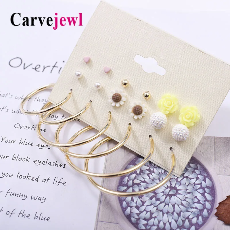 Carvejewl 9 pairs per card stud earrings for women jewelry cute heart flower balls girl gift unique fashion personality earrings