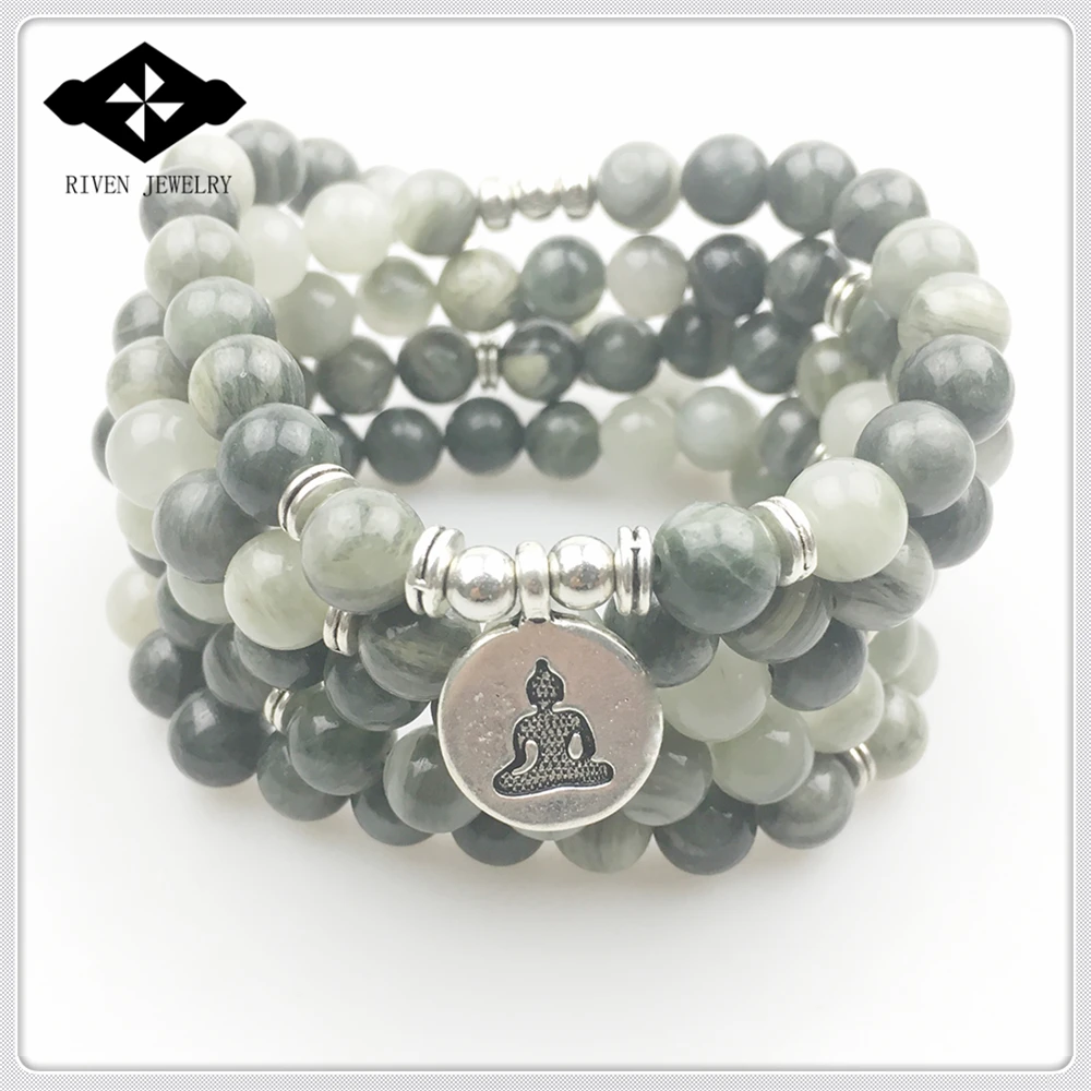 SN1168 Fashion  Women`s 108  Mala Bracelet Green Hair Stone Yoga Necklace Natural Stone Meditation Spiritual Jewelry For Women