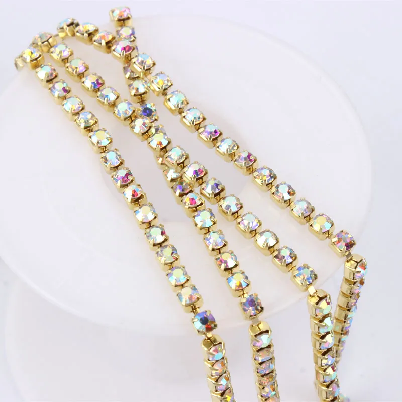 Densely Rhinestone SS6-SS12 Golden Rhinestone Cup chainMulti colors Crystal chains 3/5yards for Garment Bags Nail DIY Accessoire