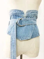 Korean Denim Jean Fabric Waist Belt For Women Wide Corset Belt Retro Design Front Tie up Waist Belt Girl Costume Dress Belts New