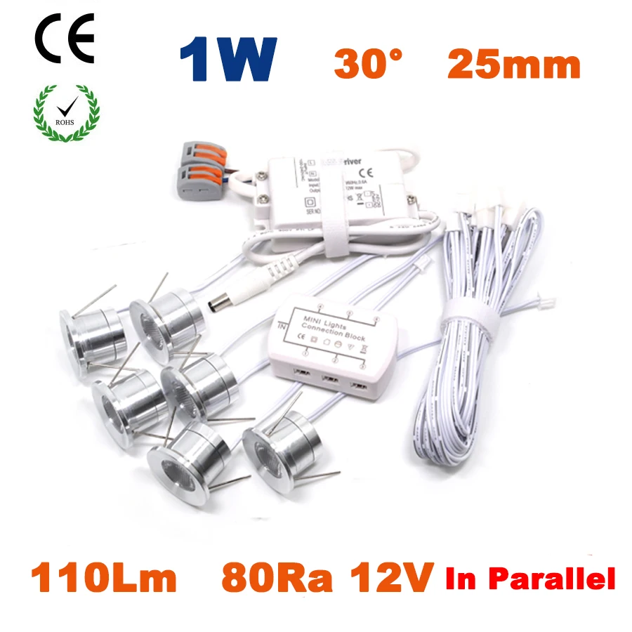 6pcs 1W 12V DC Mini Led Bulb Downlight With Transformer and Cables 80Ra 110Lm Led COB Shop Showcase Jewery Display Lighting