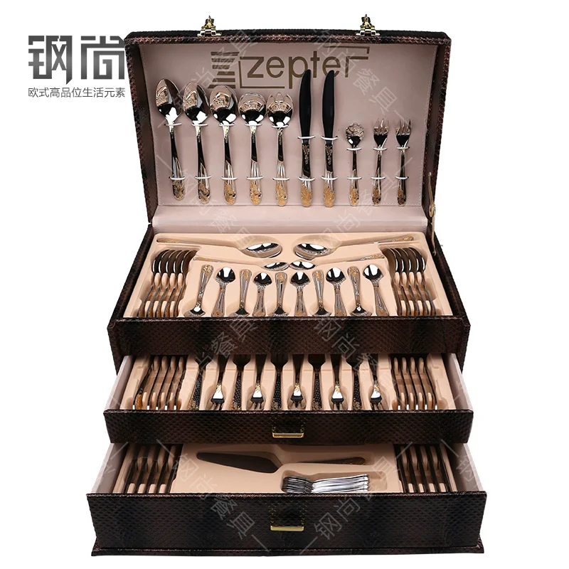 

86PCS 18/10 Multifunctional Luxury Gold Inlay Stainless Steel Cutlery Set HomeTableware Gift Box