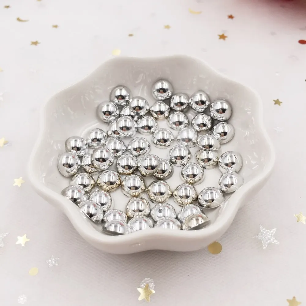 300pcs resin shiny 8mm round silver bead Flatback stone applique DIY Wedding scrapbook half beads ornament craft SF611*3