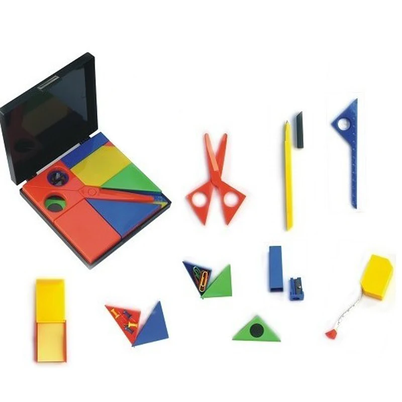 

10pcs/set Puzzle Stationery Set Tangram Children Gift Stationery Set Ruler Scissors Triangular rule Pencil Sharpener Magnet