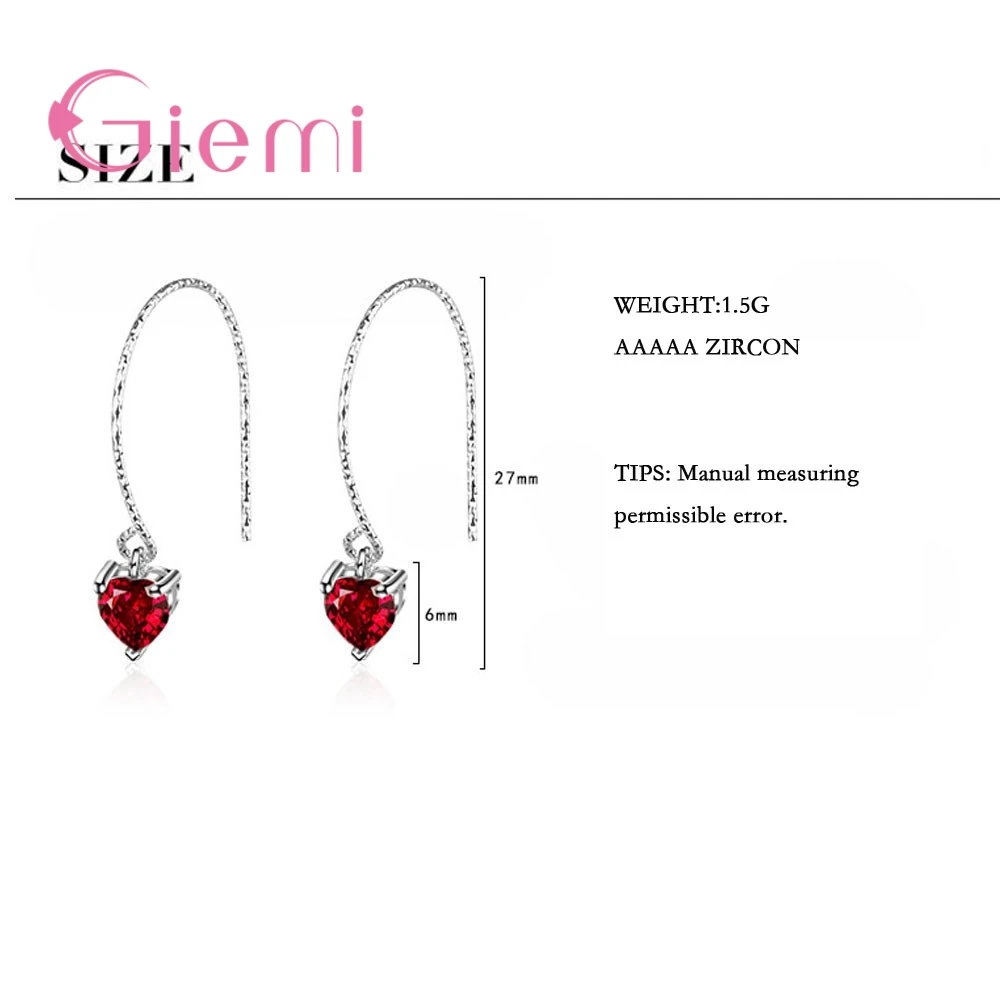 Red Crystal Drop Earrings for Women Eleant Sweet Heart Shape Girls Pure 925 Sterling Silver Fashion Jewelry Hot Sale