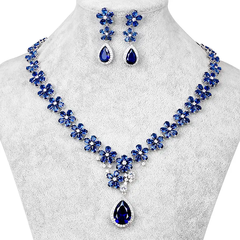 

WEIMANJINGDIAN Brand Blue Teardrop and Flower Cubic Zirconia Wedding Necklace and Earring Bridal Jewelry Set