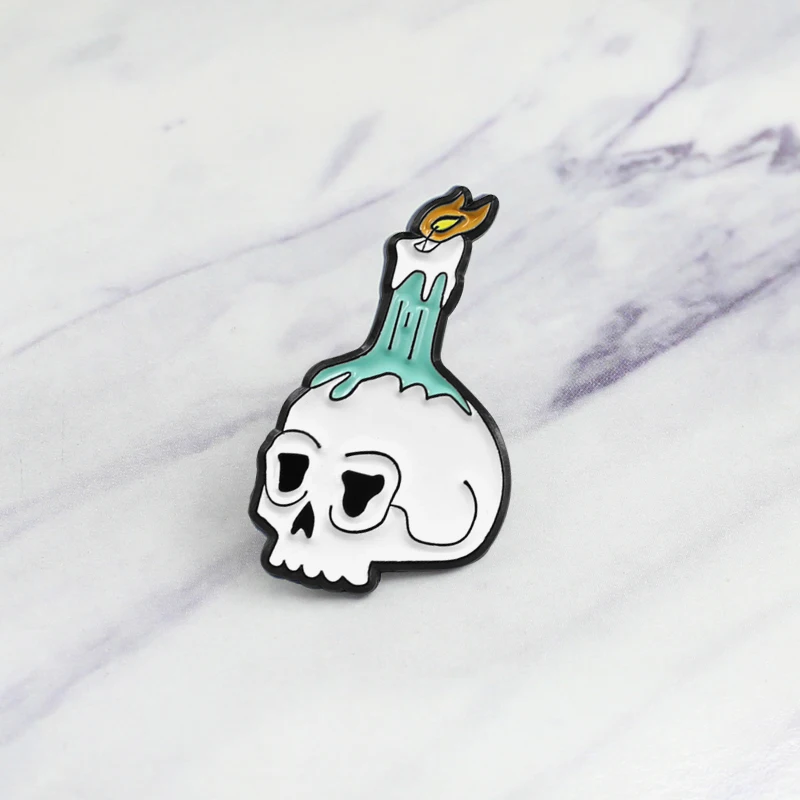 GDHY White Skulls blue Candle Enamel Brooch Skeleton Hellfire Burning Candle Pin Lapel Leather Badge To Kids Halloween  Jewelry