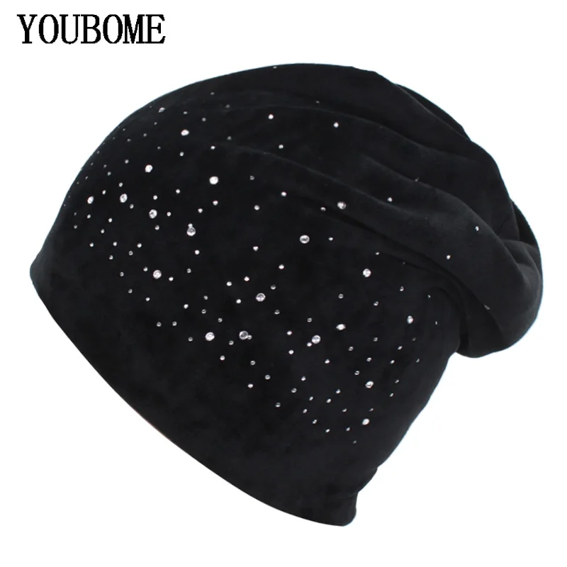 YOUBOME Skullies Beanies Hats Women Winter Hats For Women Rhinestone Bonnet Velvet Lady Caps Autumn Female Beanie Knitted Hat