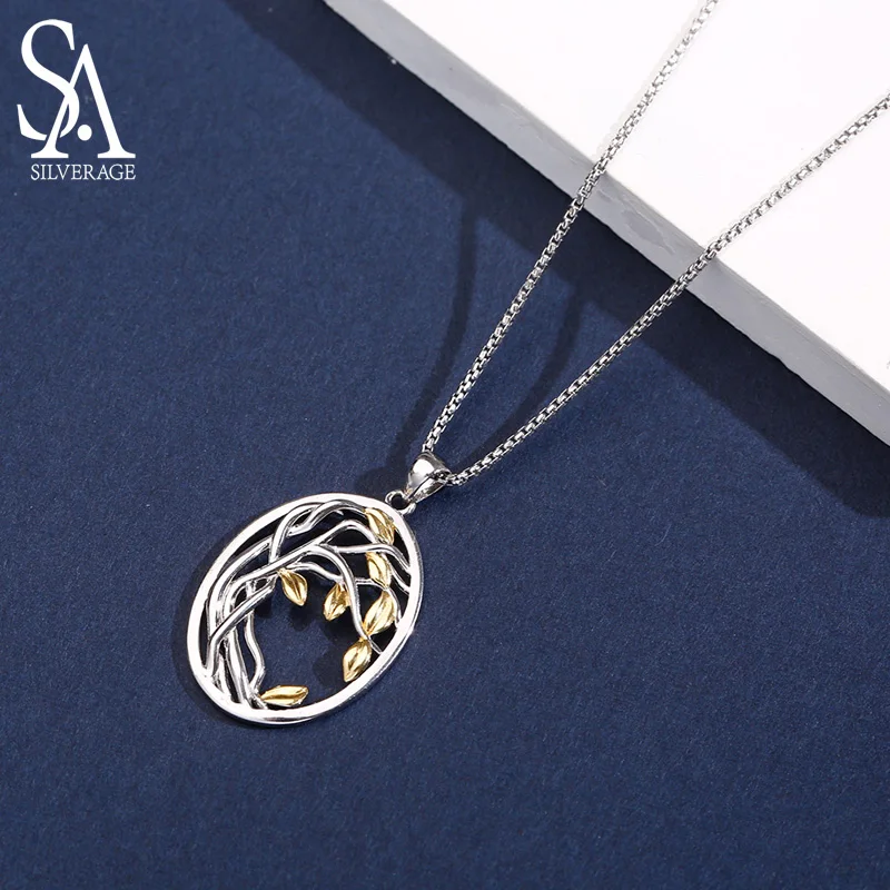 SA SILVERAGE Gold Necklace for Women Wishing Life Tree Oval Pendant Necklaces S925 Sterling Silver Dainty Statement Jewelry