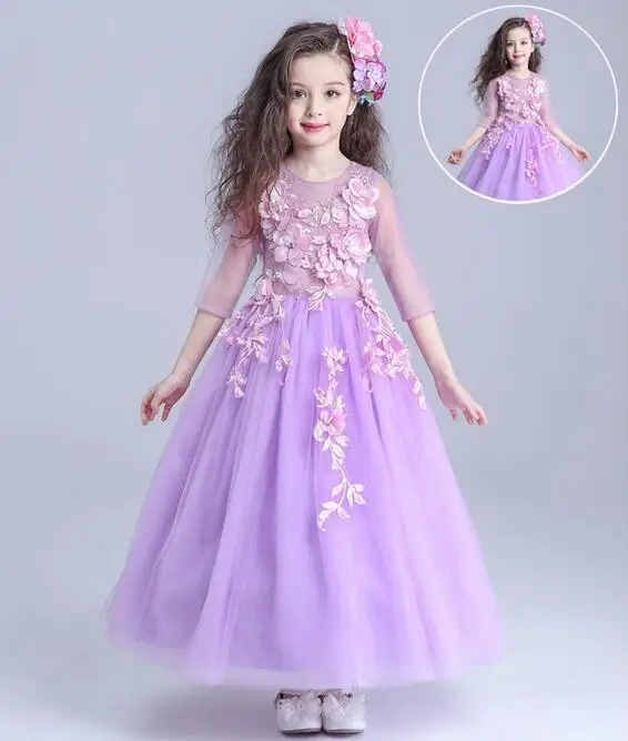 

3-14T Autumn Flowers Pearls Girls Dress Girls Clothing Princess Party Birthday Dovetail Dresses Girl Costume Kids Purple