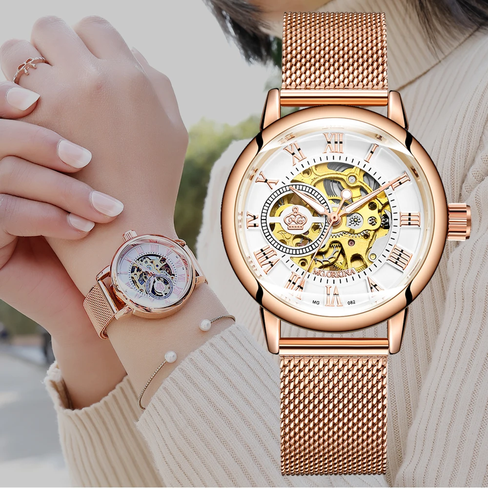 Fashion Business Mesh Belt Automatic Mechanical Watch Women Rose Gold Skeleton Lady Wristwatches Girl Dress Clock Montre Femme