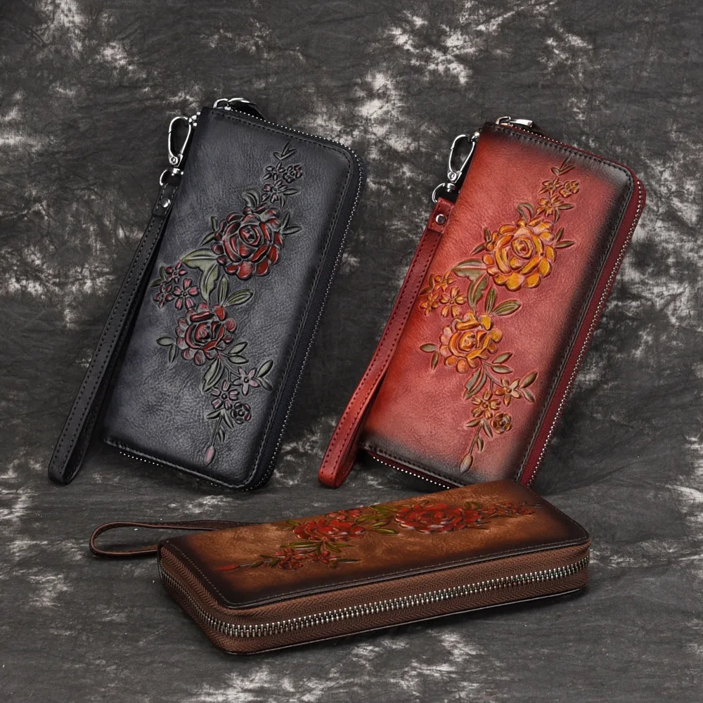SOUTH GOOSE Fashion Women Wallet Genuine Leather Luxury Long Clutch Handy Bag Printing Floral Female Card Purse Money Clips