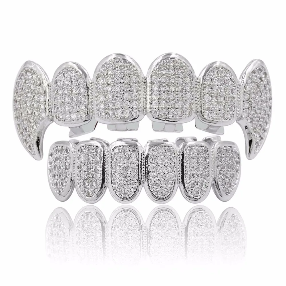 

Men's Hip Hop Fang Top Bottom Vampire teeth Grillzs Set Gold Silver Color Micro Pave CZ Rhinestone Bling Iced Out Rapper Jewelry