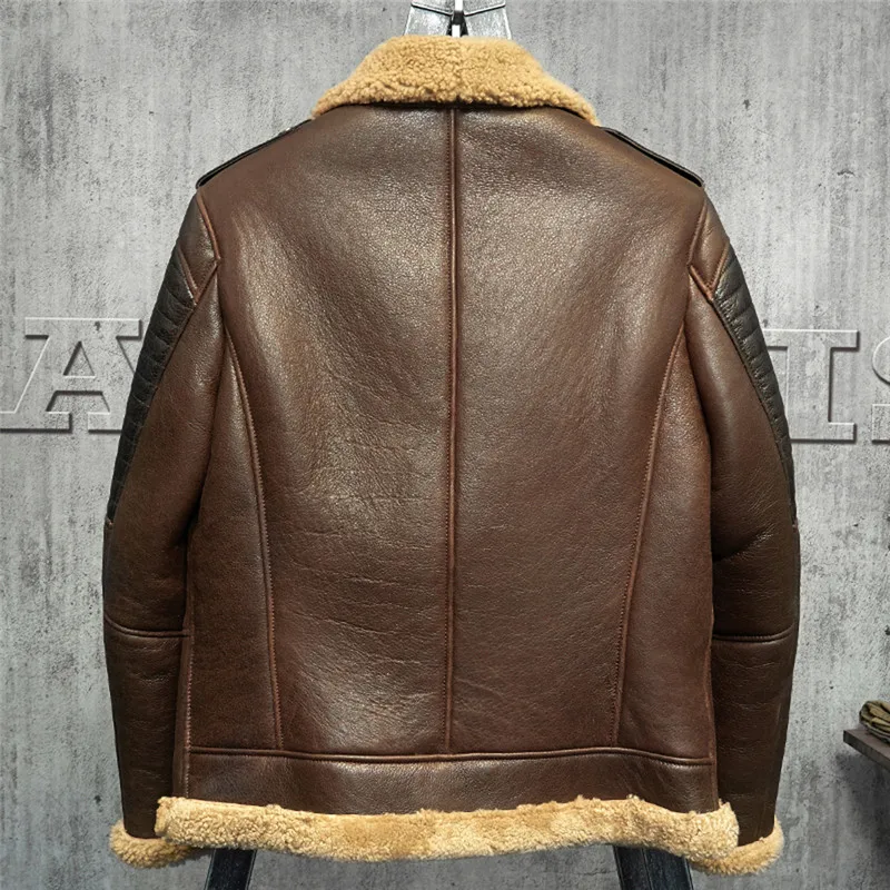 Denny&Dora Men's Shearling Leather Jacket Dark Brown B3 Jacket Original Flying Jacket Men's Fur Coat