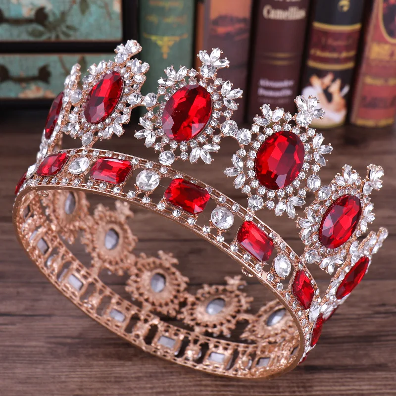 Vintage Red Crystal Crown Round Tiara Wedding Bridal Hair Accessories Princess Big Crown Diadema Pageant Head Piece Jewelry