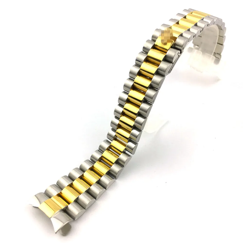 Replacement 20mm Gold Middle Gold Silver Solid Stainless Steel Curved & President Style Bracelet Universal Watch Band Strap