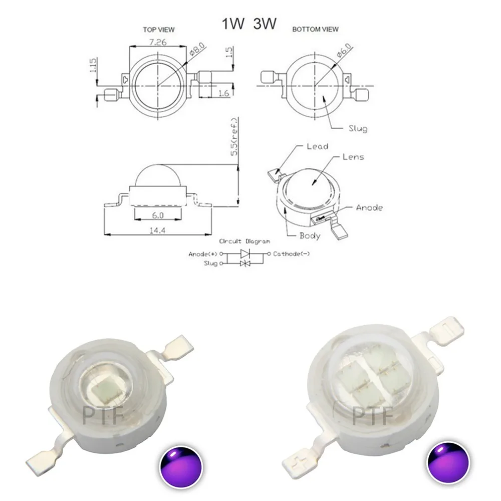 10 ADET UV Mor LED Ultraviyole Ampuller Lamba Cips 365nm 375nm 380nm 385nm 395nm 400nm 405nm 1 W 3 W 5 W Yüksek Güç Işığı