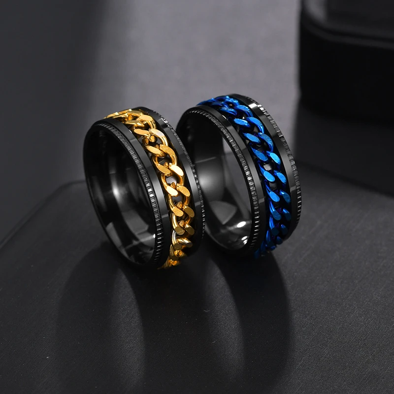 Letdiffery Punk 8mm Spinner Chain Men Rotatable Ring Black Blue Stainless Steel Rotatable Cool Jewelry Party Gift