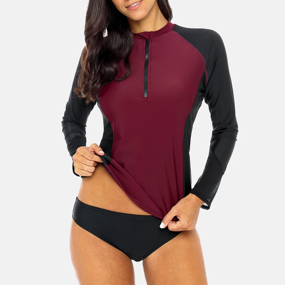 Attraco Rashguard Shirt Swimsuit Women Long Sleeve Front Zipper Patchwork Swimwear Surfing Top Hiking Shirt Rash Guard UPF50+