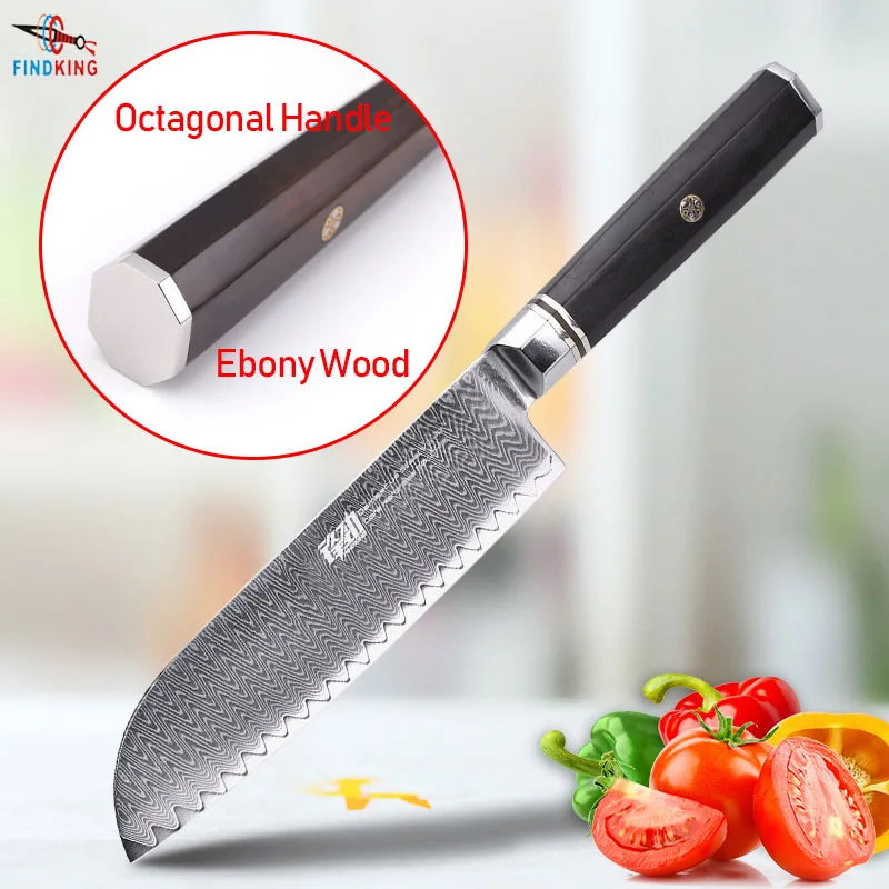 FINDKING Professional 7 inch Santoku Knife Ebony Wood Octagonal Handle Ladder Pattern 67 Layers Damascus Steel Japanese Knife