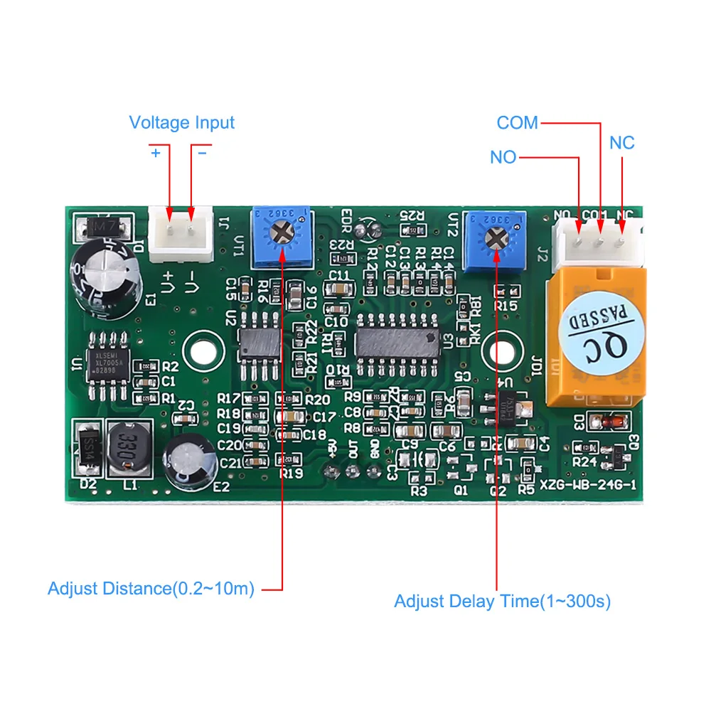 24GHz 24.125GHz Microwave Radar Sensor Switch Adjustable 1-300S Delay Time 110 Degree Sensing Angle Distance DC 8-25V