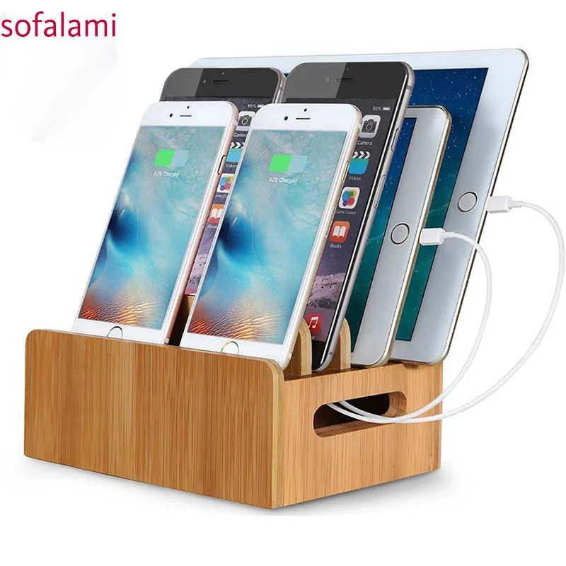 Natural Bamboo wooden Universal Charging Stations Dock Stand Multi-device Organizer for Phones Pad Tablets Laptops