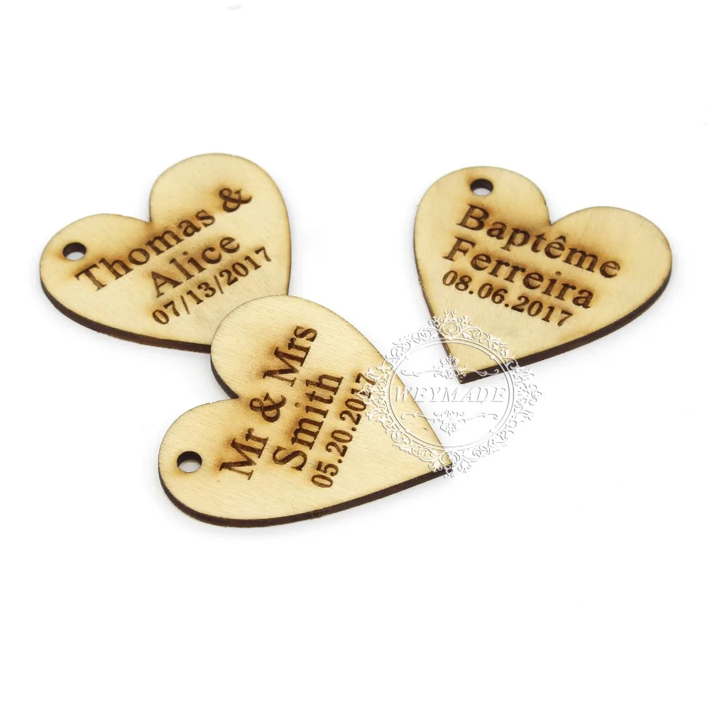 50 * Personalised Custom Rustic Wedding Wine Charm Wood Heart Label Party Favors Gift Tag Wooden Wedding Wish Tree Decor
