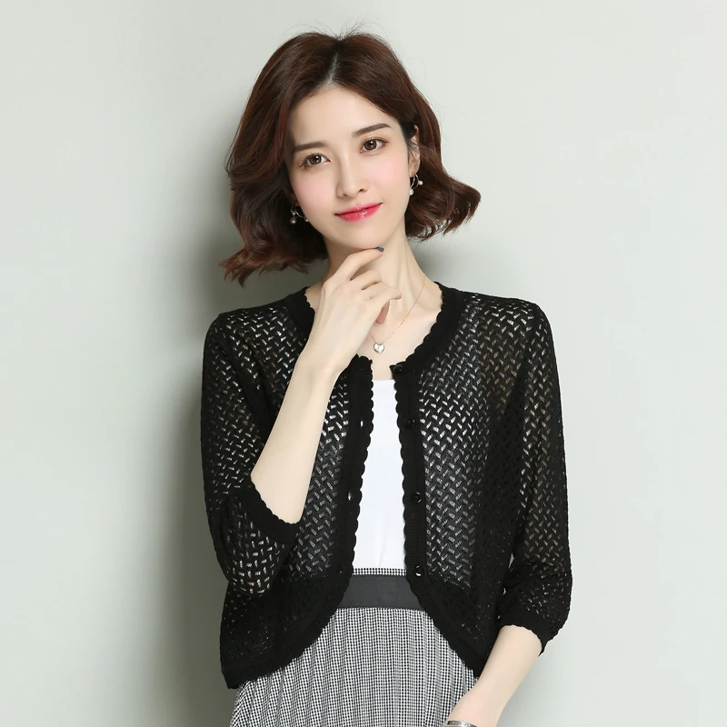 

Women summer silk knit cardigan elegant lady thin knitwear hollow short knit outwear free shipping