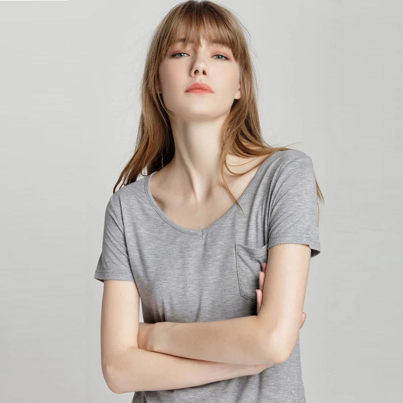 S-4XL 여성용 캐주얼 단색 모달 V넥 반팔 티셔츠, 단색 얇은 셔츠, 탑 보터밍 프리 스타일