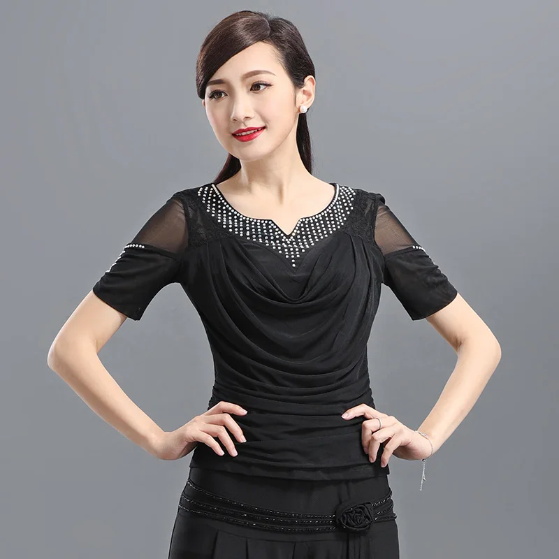 

Lady New Latin Dance Wear Short Sleeved Shirt V Collar Slim Slim Dancing Blouse Modern Dance Ballroom Dancing Suit B-6557