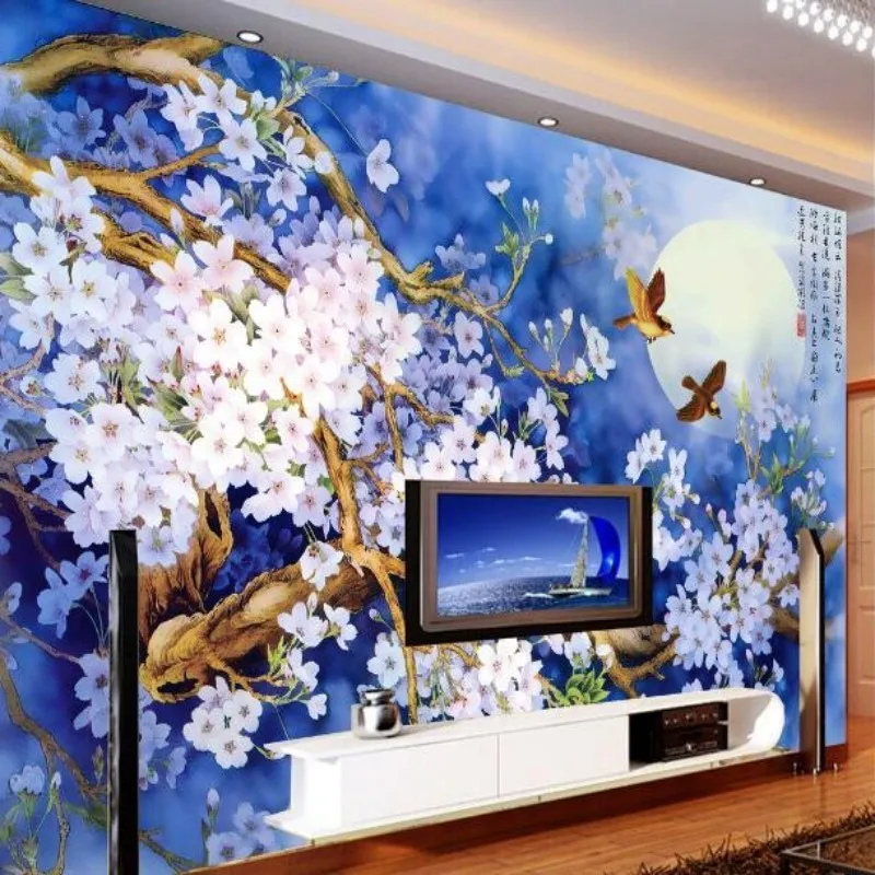 

wellyu Custom photo wallpaper large 3D stereo murals modern plum bird TV background wall wallpaper papel de parede