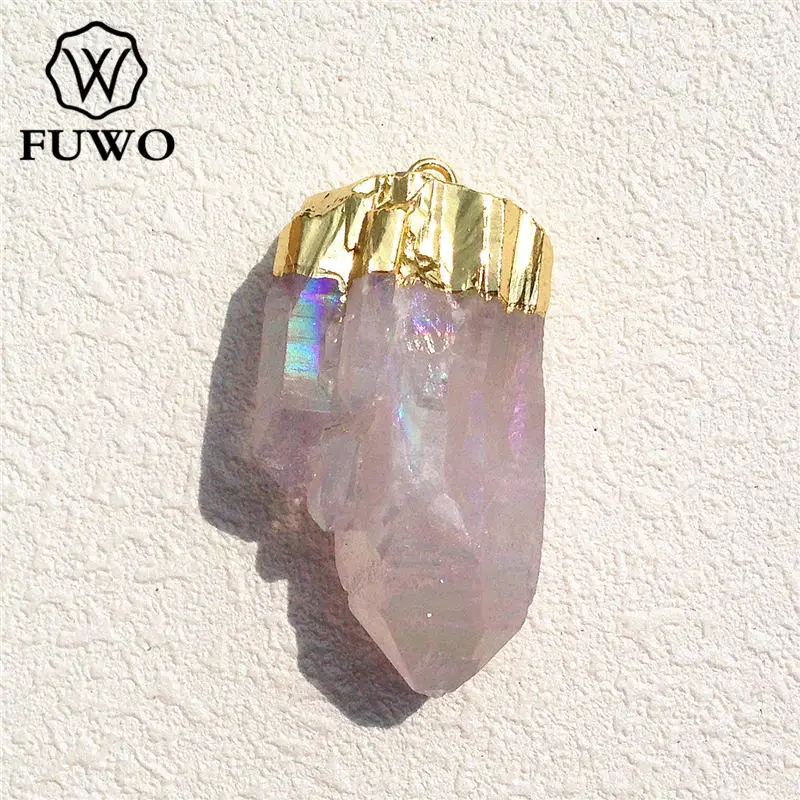 

FUWO Wholesale Angel Aura Quartz Crystal Point Pendant,Pastel Rainbow Golden Plated Jewelry For Necklace Making 5Pcs PD082