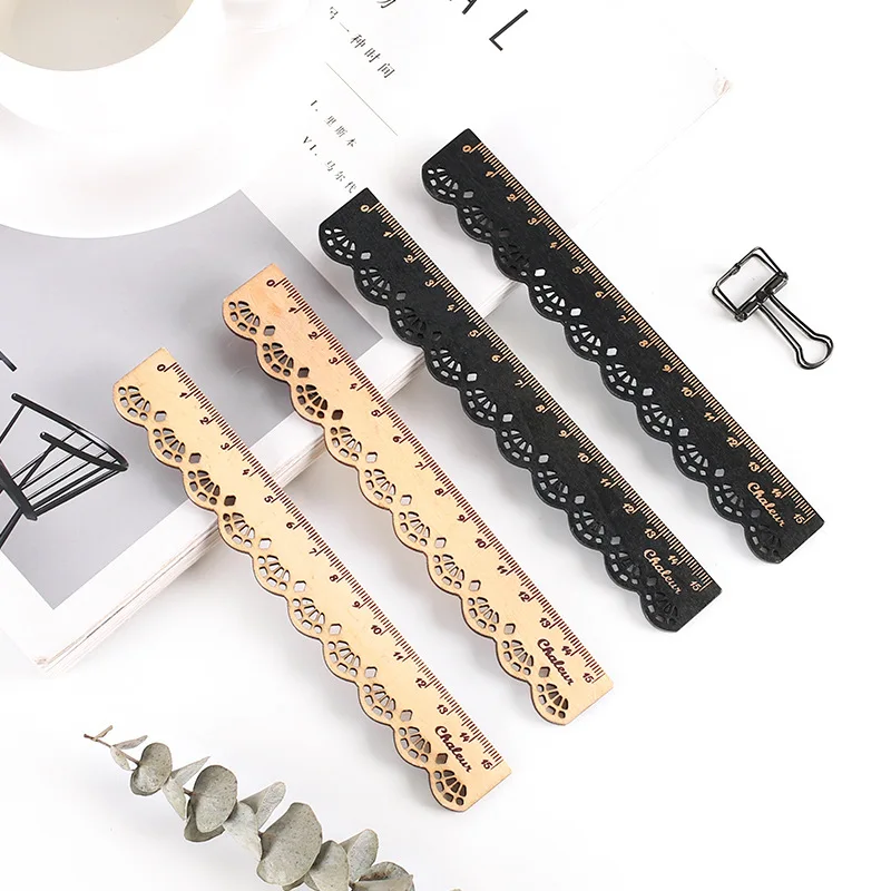 2 Pcs Vintage Sweet Lace Ruler White and Black 15cm Sculpture Wood Drawing Ruler for Kids School Supplies Stationery Student