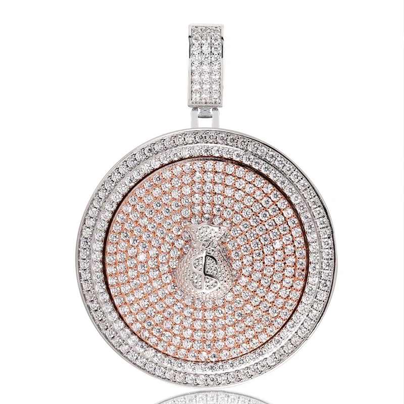 Bling Ice Out AAA CZ Stone Gold Silver Color US Money Dollar Rotatable Round Pendants Necklaces for Men Hip Hop Rapper Jewelry