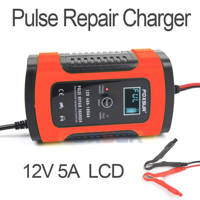 FOXSUR 12V 5A Pulse Repair Charger with LCD Display, Motorcycle & Car Battery Charger, 12V AGM GEL WET Lead Acid Battery Charger