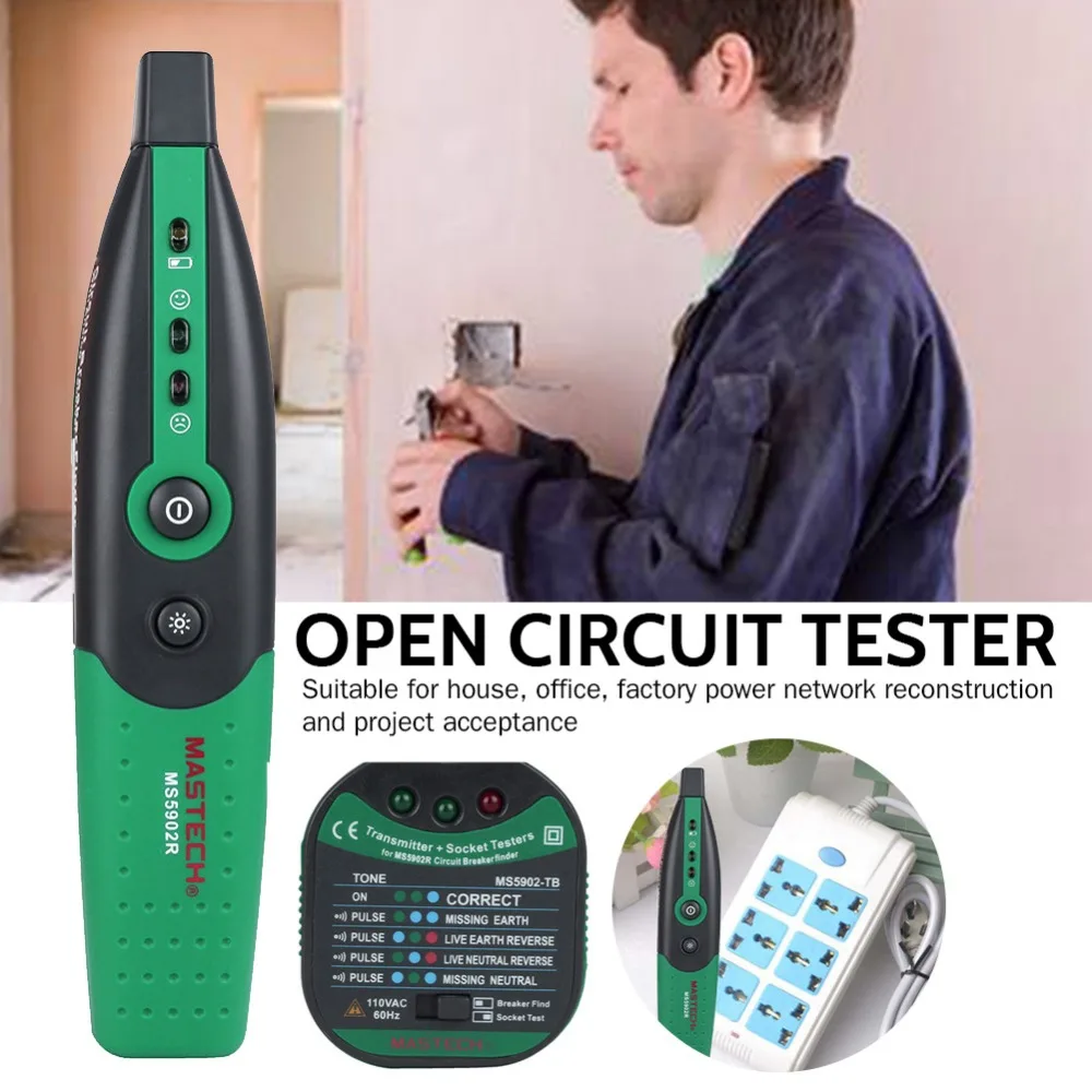 EU MS5902 Circuit Breaker LED Tester Finder EU Plug Type Fuse Socket Tester  W/ Analogue Receiver and  Flashlight 220V/230V