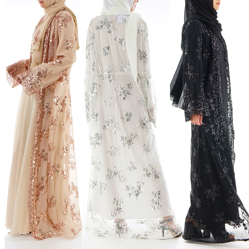 2021 Summer Abaya Dubai Women Long Sequined Lace Mesh Kimono Cardigan Muslim Hijab Dress Kaftan Abayas Turkish Islamic Clothing